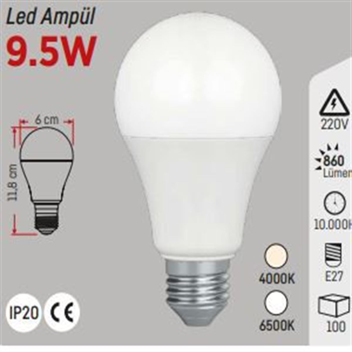 E 27 A60 9.5W AMPÜL 4000K 1